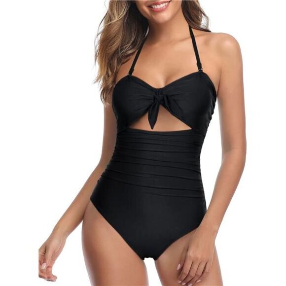 Sexy Cutout One Piece Swimsuit Tummy Control Halter Tie Knot Bathing Suit - Picture 4 of 6